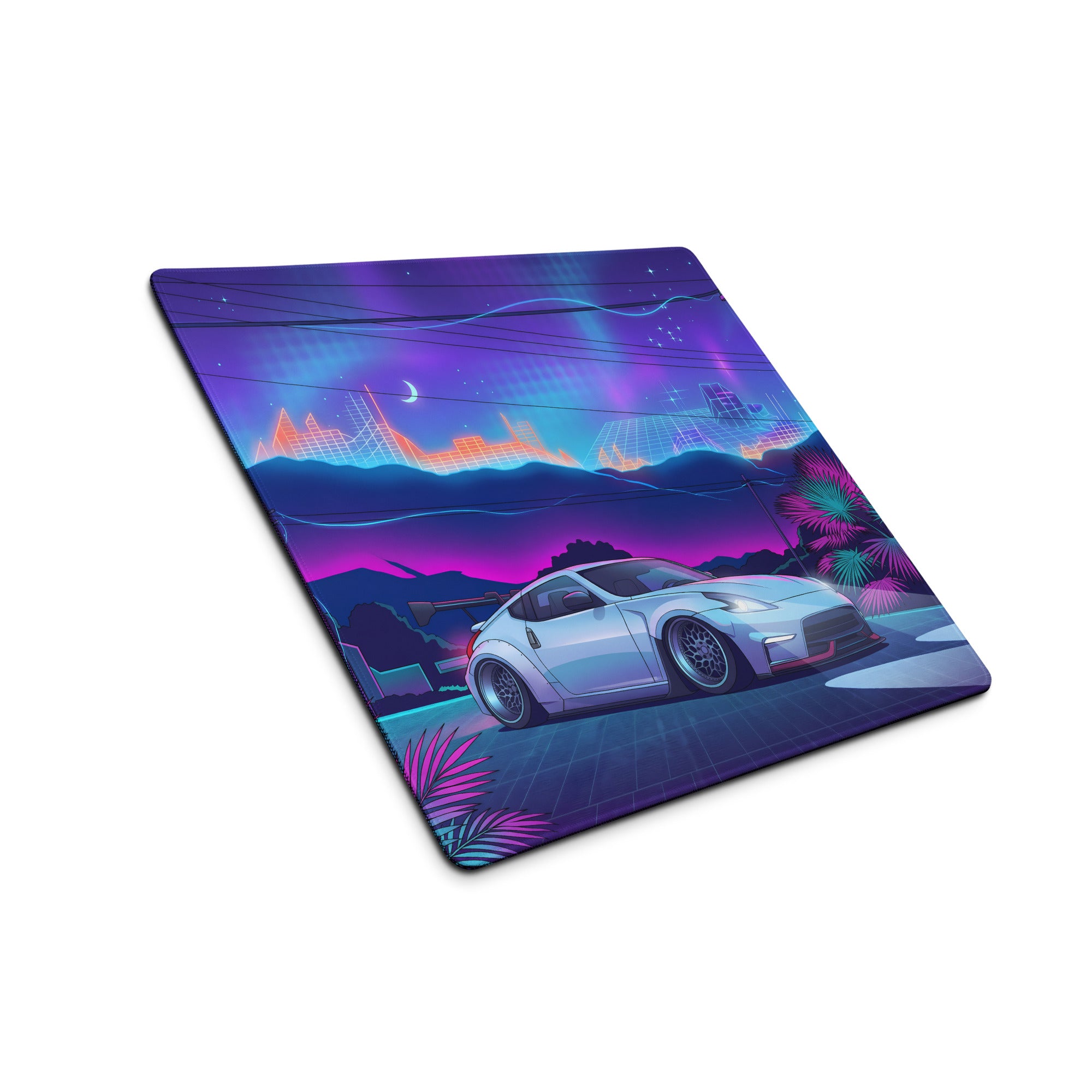 Nissan 370Z Z34 Inspired White Blue Vaporwave Gaming Mouse Pad, Neon Retro Futuristic JDM Desk Mat with Cyberpunk Mountain Night Sports Car Art