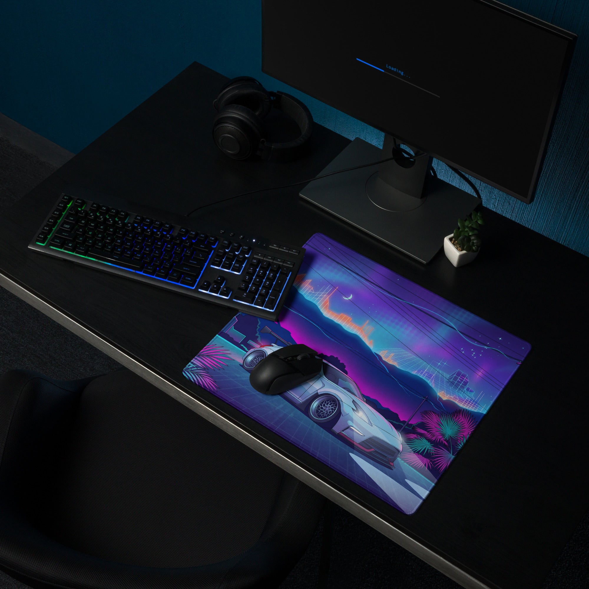 Nissan 370Z Z34 Inspired White Blue Vaporwave Gaming Mouse Pad, Neon Retro Futuristic JDM Desk Mat with Cyberpunk Mountain Night Sports Car Art