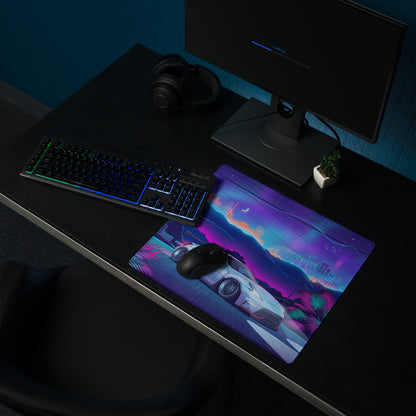 Nissan 370Z Z34 Inspired White Blue Vaporwave Gaming Mouse Pad, Neon Retro Futuristic JDM Desk Mat with Cyberpunk Mountain Night Sports Car Art