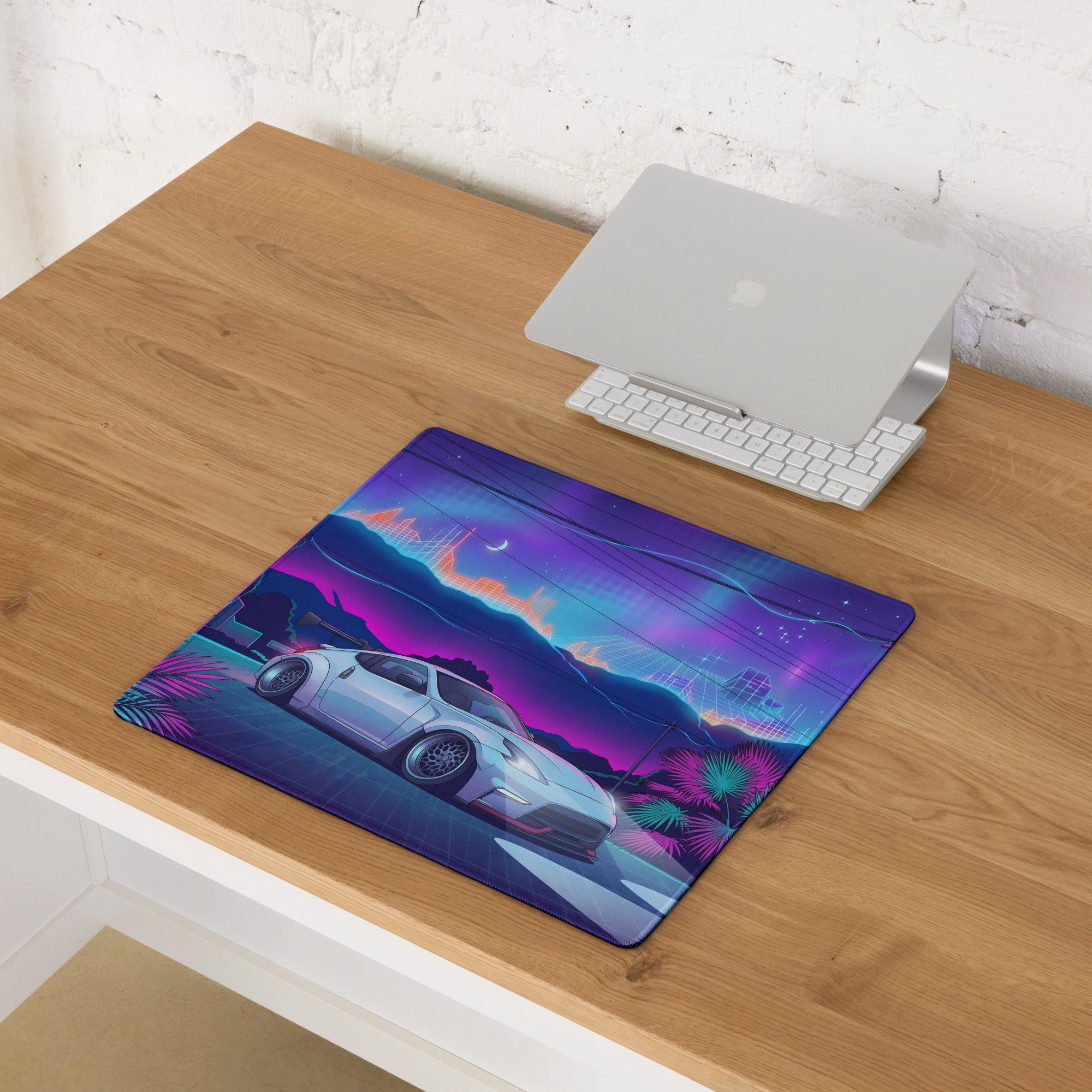 Nissan 370Z Z34 Inspired White Blue Vaporwave Gaming Mouse Pad, Neon Retro Futuristic JDM Desk Mat with Cyberpunk Mountain Night Sports Car Art