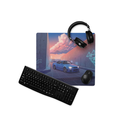 Nissan Skyline GT-R R34 Inspired Blue Purple Vaporwave Gaming Mouse Pad, Neon Futuristic JDM Desk Mat with Cyberpunk Alley Sports Car Art