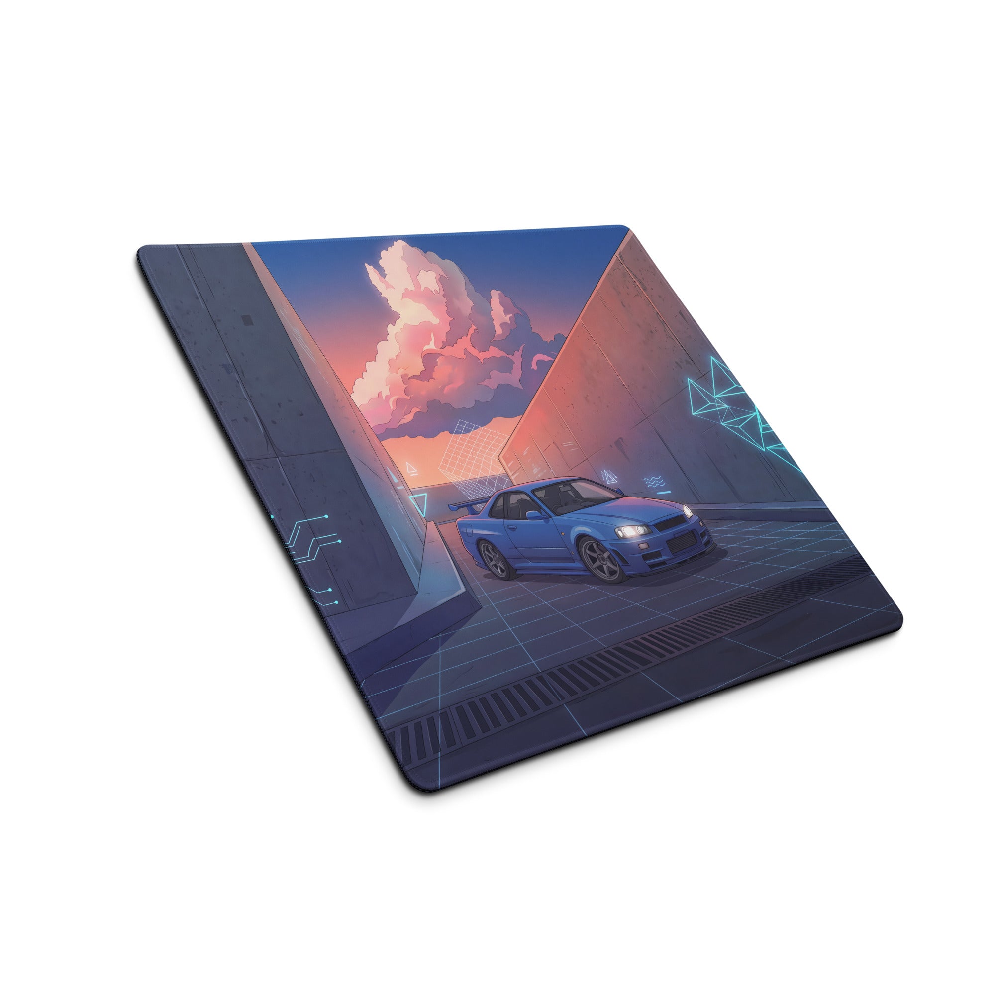 Nissan Skyline GT-R R34 Inspired Blue Purple Vaporwave Gaming Mouse Pad, Neon Futuristic JDM Desk Mat with Cyberpunk Alley Sports Car Art