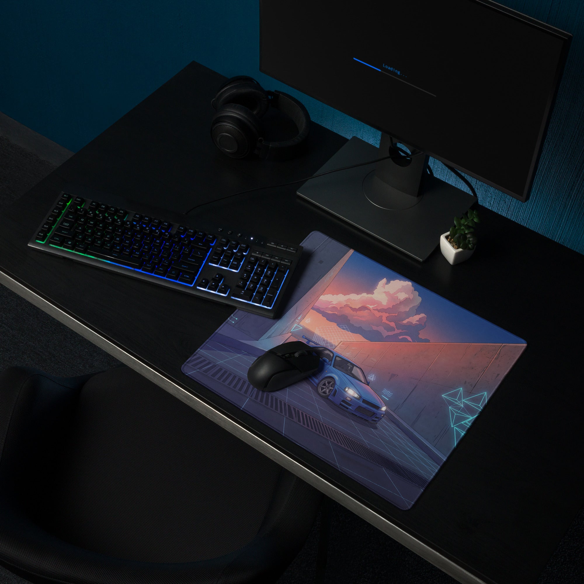 Nissan Skyline GT-R R34 Inspired Blue Purple Vaporwave Gaming Mouse Pad, Neon Futuristic JDM Desk Mat with Cyberpunk Alley Sports Car Art
