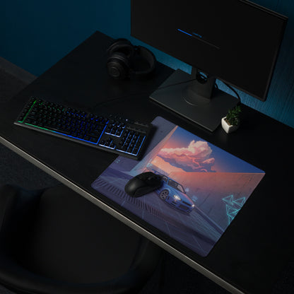 Nissan Skyline GT-R R34 Inspired Blue Purple Vaporwave Gaming Mouse Pad, Neon Futuristic JDM Desk Mat with Cyberpunk Alley Sports Car Art