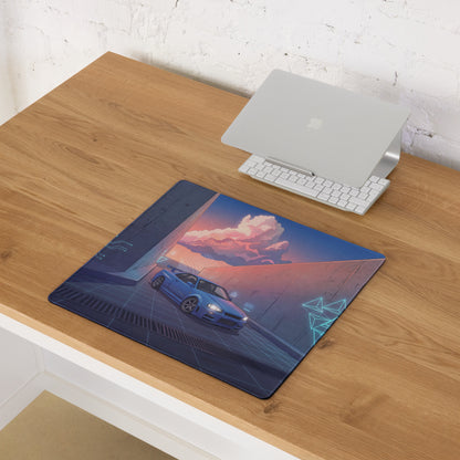 Nissan Skyline GT-R R34 Inspired Blue Purple Vaporwave Gaming Mouse Pad, Neon Futuristic JDM Desk Mat with Cyberpunk Alley Sports Car Art