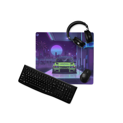 Mitsubishi Lancer Evolution IX Inspired Lime Green Purple Vaporwave Gaming Mouse Pad, Neon Retro Futuristic JDM Gas Station Rally Car Desk Mat