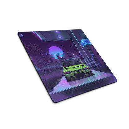 Mitsubishi Lancer Evolution IX Inspired Lime Green Purple Vaporwave Gaming Mouse Pad, Neon Retro Futuristic JDM Gas Station Rally Car Desk Mat