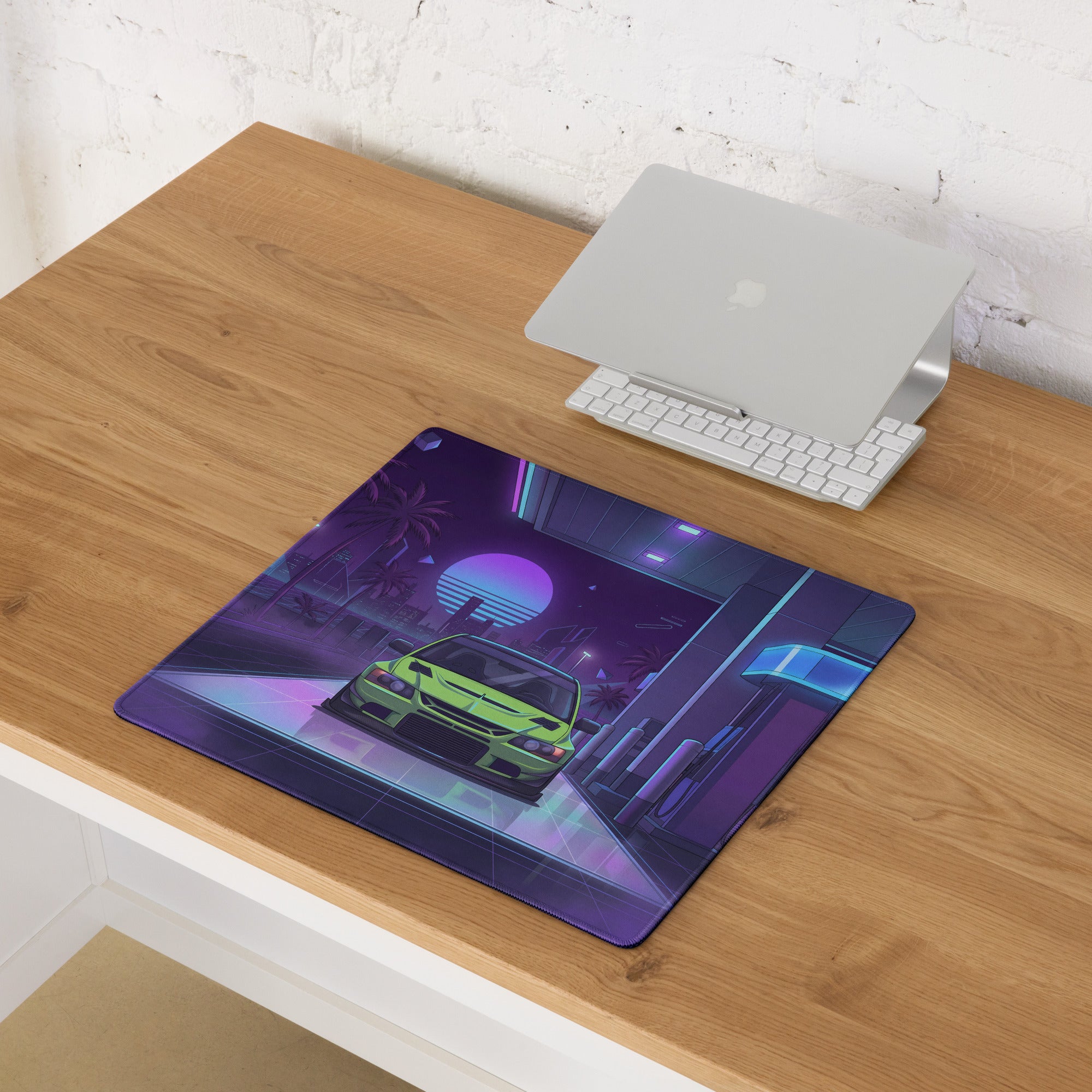 Mitsubishi Lancer Evolution IX Inspired Lime Green Purple Vaporwave Gaming Mouse Pad, Neon Retro Futuristic JDM Gas Station Rally Car Desk Mat