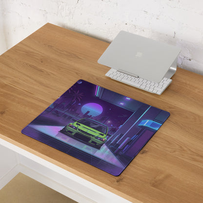 Mitsubishi Lancer Evolution IX Inspired Lime Green Purple Vaporwave Gaming Mouse Pad, Neon Retro Futuristic JDM Gas Station Rally Car Desk Mat