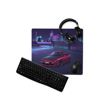 Nissan 180SX S13 Inspired Red Purple Vaporwave Gaming Mouse Pad, Neon Cyberpunk JDM Desk Mat with Night Highway Drift Car Art