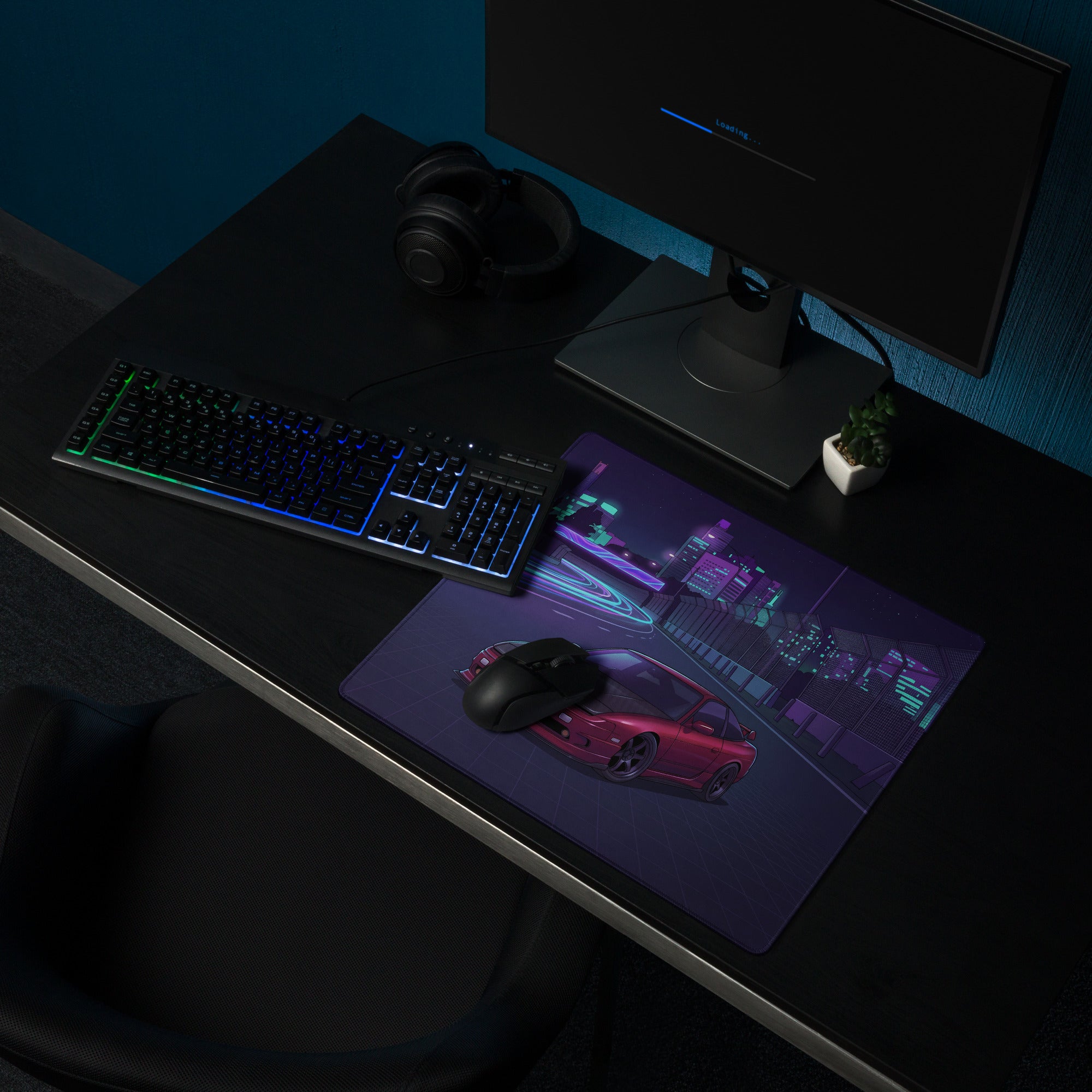 Nissan 180SX S13 Inspired Red Purple Vaporwave Gaming Mouse Pad, Neon Cyberpunk JDM Desk Mat with Night Highway Drift Car Art