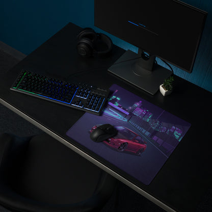 Nissan 180SX S13 Inspired Red Purple Vaporwave Gaming Mouse Pad, Neon Cyberpunk JDM Desk Mat with Night Highway Drift Car Art