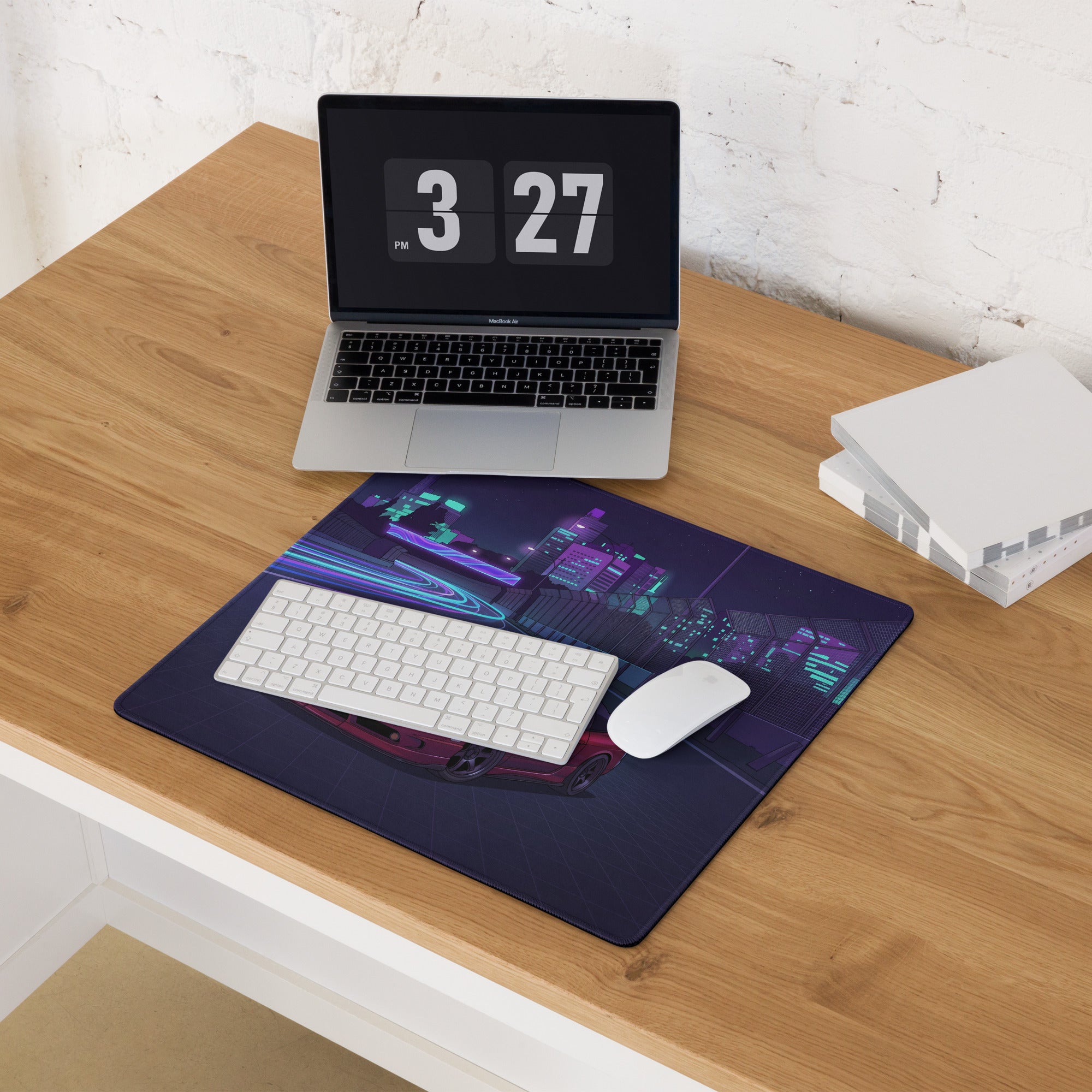 Nissan 180SX S13 Inspired Red Purple Vaporwave Gaming Mouse Pad, Neon Cyberpunk JDM Desk Mat with Night Highway Drift Car Art
