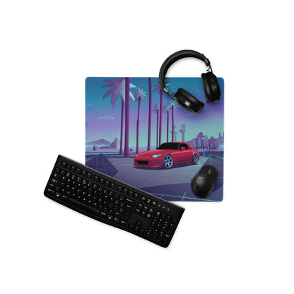 Honda S2000 AP1 Inspired Red Blue Vaporwave Gaming Mouse Pad, Neon Retro Futuristic JDM Desk Mat with Synthwave Palm Tree Sports Car Art