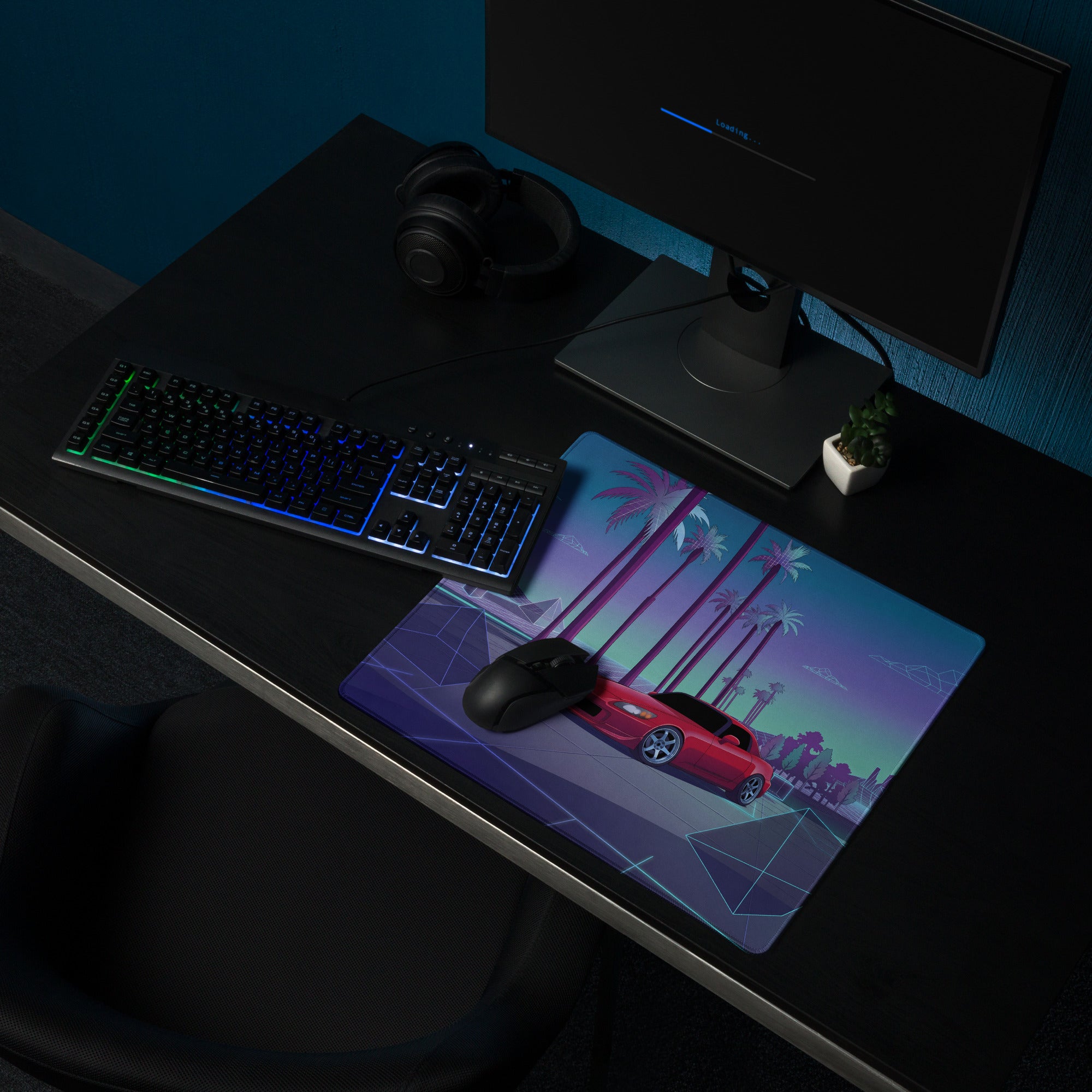 Honda S2000 AP1 Inspired Red Blue Vaporwave Gaming Mouse Pad, Neon Retro Futuristic JDM Desk Mat with Synthwave Palm Tree Sports Car Art