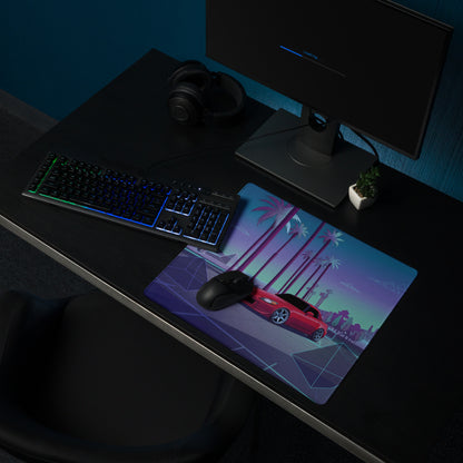 Honda S2000 AP1 Inspired Red Blue Vaporwave Gaming Mouse Pad, Neon Retro Futuristic JDM Desk Mat with Synthwave Palm Tree Sports Car Art