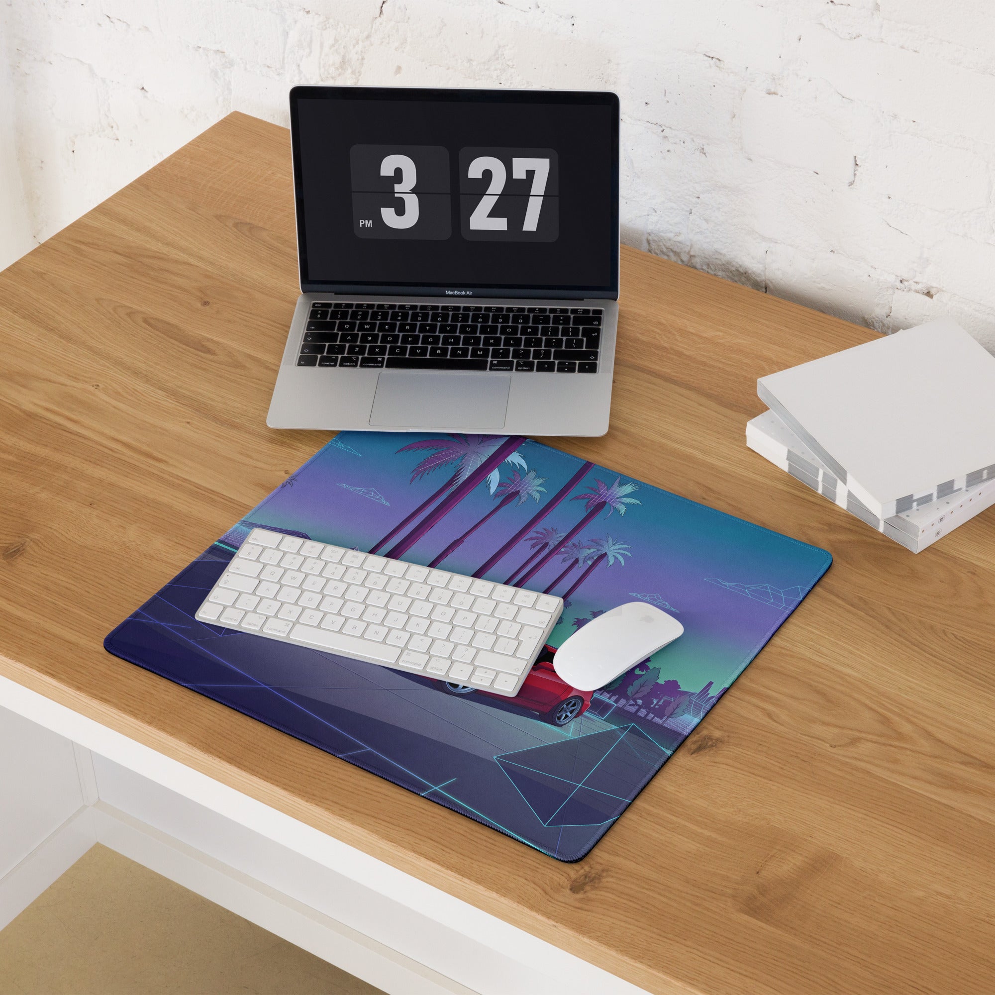 Honda S2000 AP1 Inspired Red Blue Vaporwave Gaming Mouse Pad, Neon Retro Futuristic JDM Desk Mat with Synthwave Palm Tree Sports Car Art