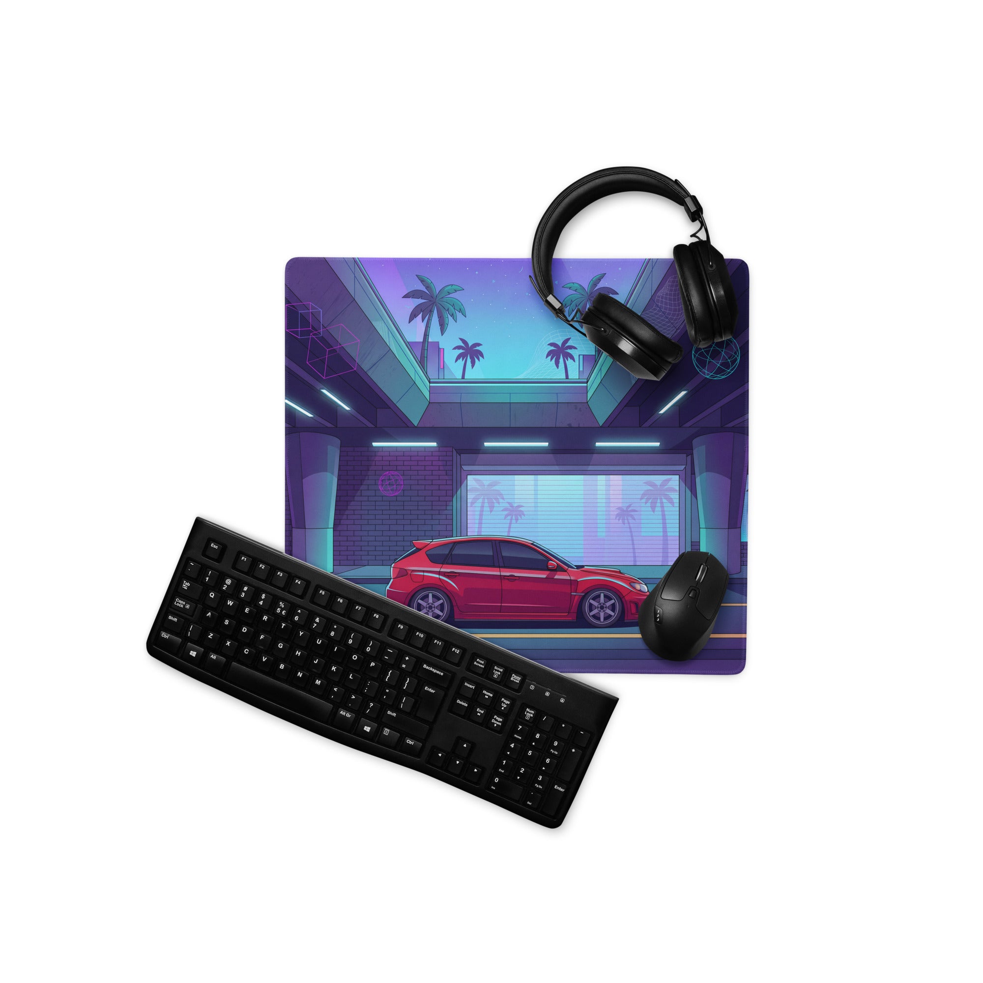 Subaru Impreza WRX STI Inspired Red Purple Vaporwave Gaming Mouse Pad, Neon Retro Futuristic JDM Desk Mat with Synthwave Palm Tree Rally Car Art