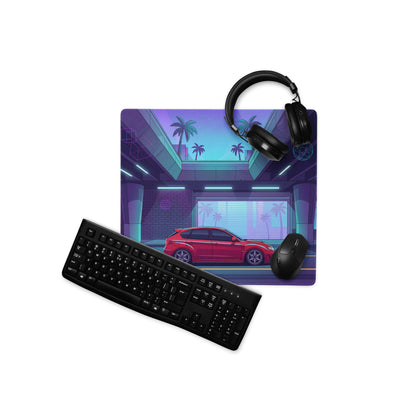 Subaru Impreza WRX STI Inspired Red Purple Vaporwave Gaming Mouse Pad, Neon Retro Futuristic JDM Desk Mat with Synthwave Palm Tree Rally Car Art