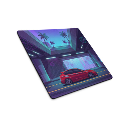 Subaru Impreza WRX STI Inspired Red Purple Vaporwave Gaming Mouse Pad, Neon Retro Futuristic JDM Desk Mat with Synthwave Palm Tree Rally Car Art