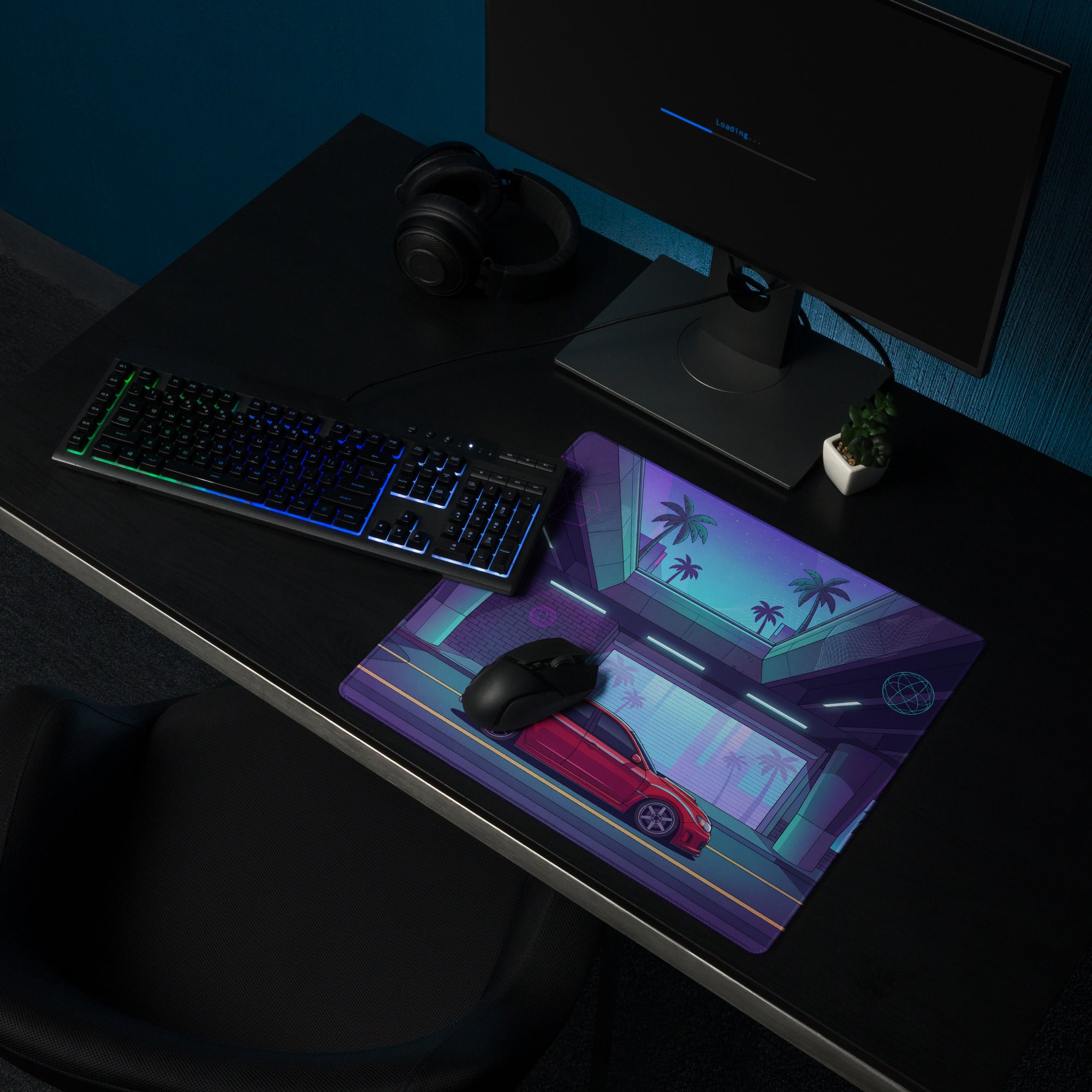 Subaru Impreza WRX STI Inspired Red Purple Vaporwave Gaming Mouse Pad, Neon Retro Futuristic JDM Desk Mat with Synthwave Palm Tree Rally Car Art
