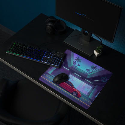 Subaru Impreza WRX STI Inspired Red Purple Vaporwave Gaming Mouse Pad, Neon Retro Futuristic JDM Desk Mat with Synthwave Palm Tree Rally Car Art