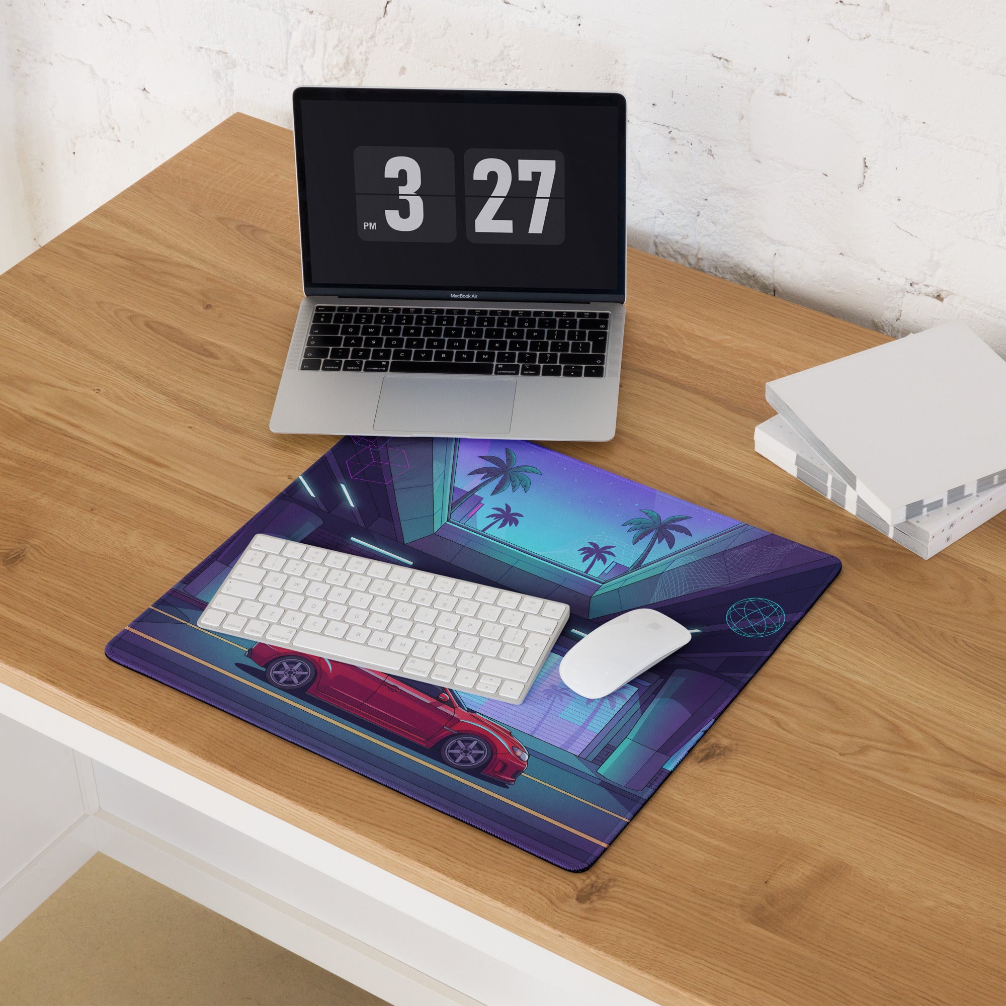 Subaru Impreza WRX STI Inspired Red Purple Vaporwave Gaming Mouse Pad, Neon Retro Futuristic JDM Desk Mat with Synthwave Palm Tree Rally Car Art