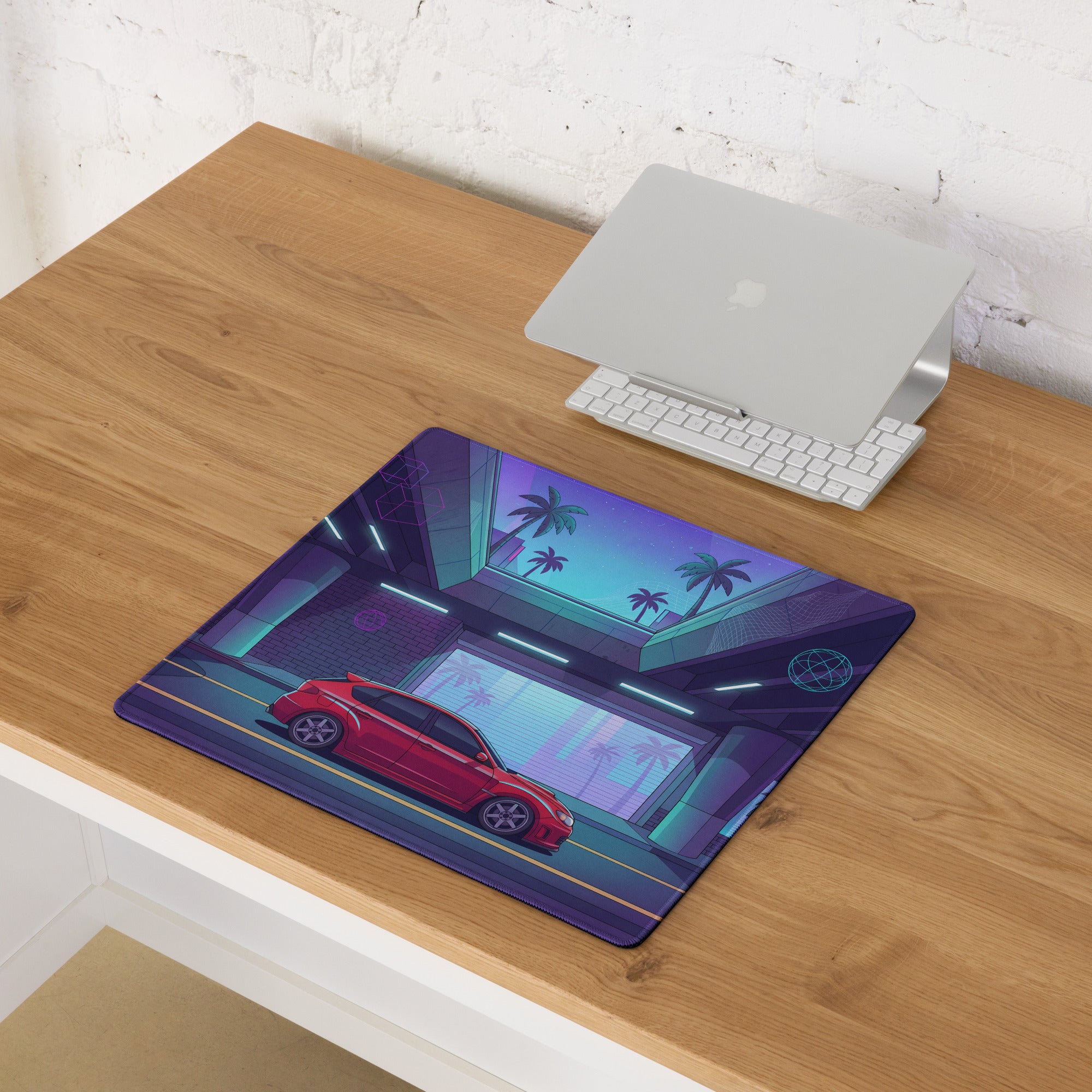 Subaru Impreza WRX STI Inspired Red Purple Vaporwave Gaming Mouse Pad, Neon Retro Futuristic JDM Desk Mat with Synthwave Palm Tree Rally Car Art