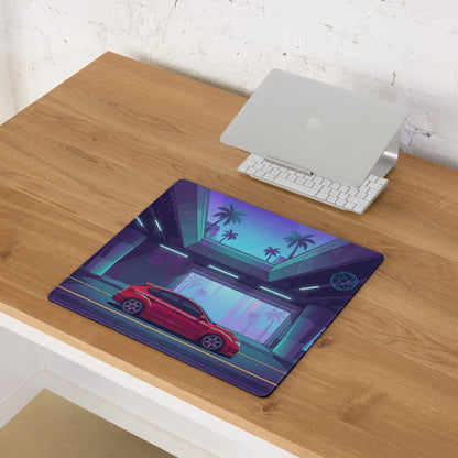 Subaru Impreza WRX STI Inspired Red Purple Vaporwave Gaming Mouse Pad, Neon Retro Futuristic JDM Desk Mat with Synthwave Palm Tree Rally Car Art