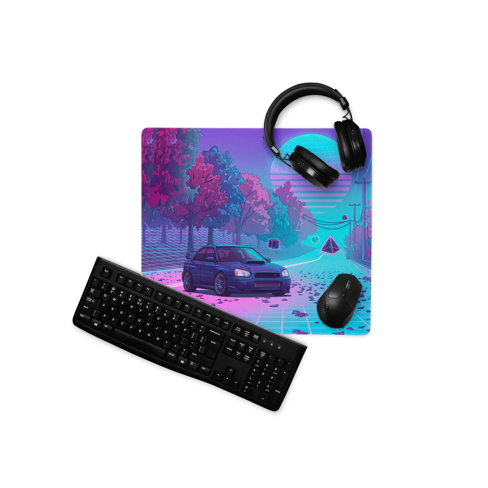 Subaru Impreza WRX STI Inspired Blue Pink Vaporwave Gaming Mouse Pad, Neon Autumn JDM Desk Mat with Retro Futuristic Rally Car Art
