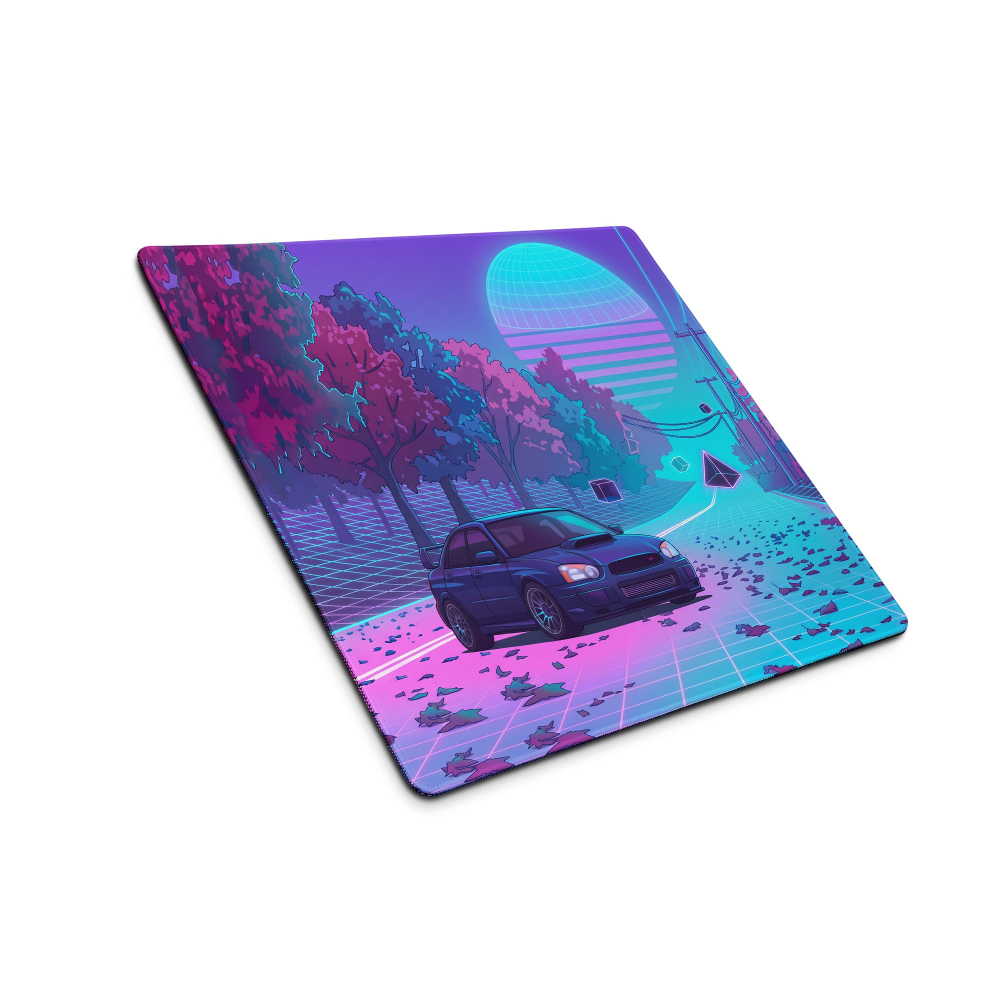 Subaru Impreza WRX STI Inspired Blue Pink Vaporwave Gaming Mouse Pad, Neon Autumn JDM Desk Mat with Retro Futuristic Rally Car Art