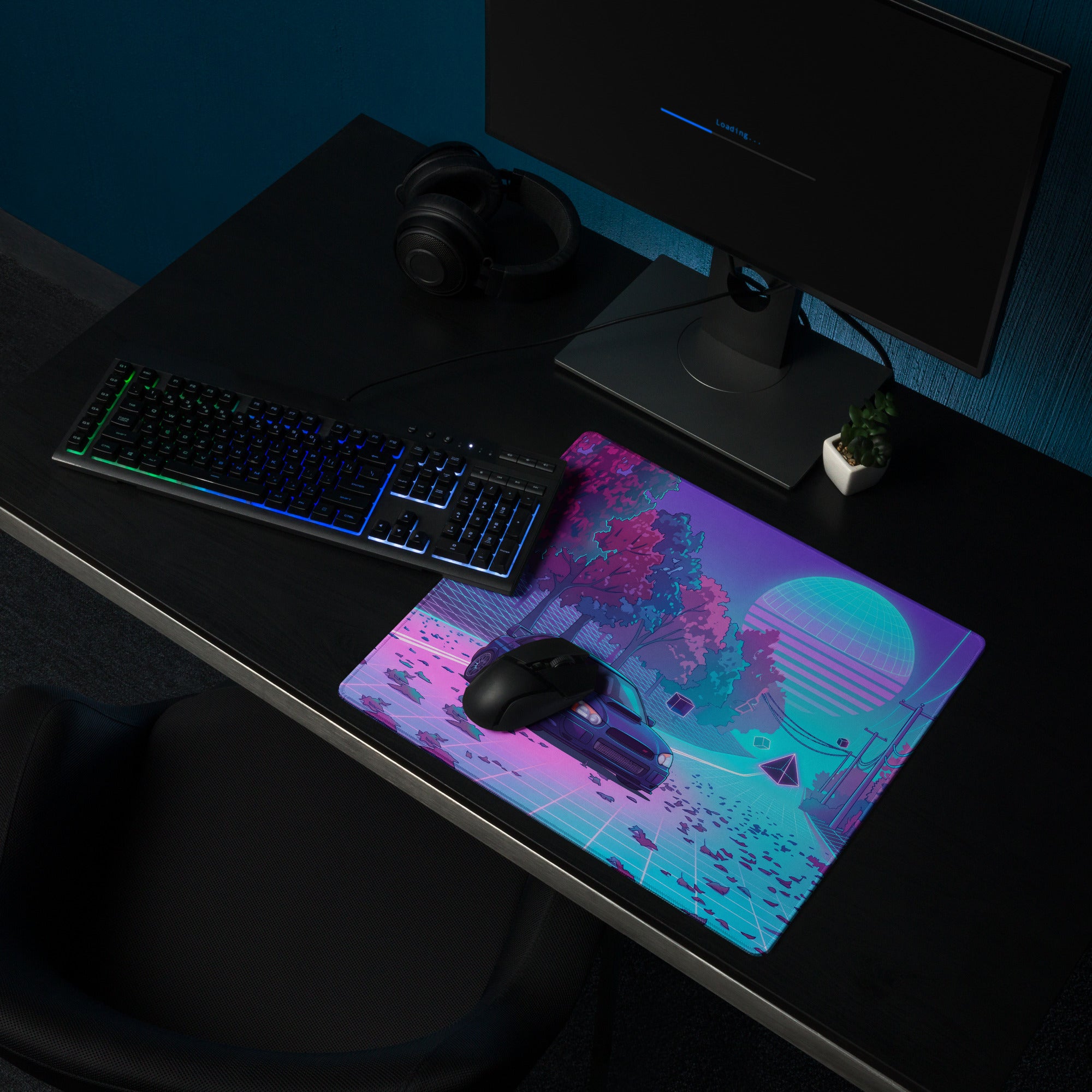 Subaru Impreza WRX STI Inspired Blue Pink Vaporwave Gaming Mouse Pad, Neon Autumn JDM Desk Mat with Retro Futuristic Rally Car Art