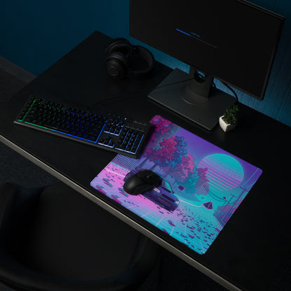 Subaru Impreza WRX STI Inspired Blue Pink Vaporwave Gaming Mouse Pad, Neon Autumn JDM Desk Mat with Retro Futuristic Rally Car Art
