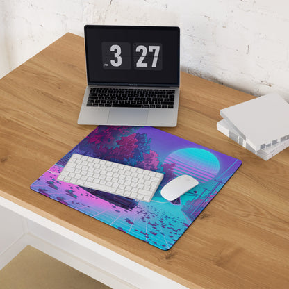 Subaru Impreza WRX STI Inspired Blue Pink Vaporwave Gaming Mouse Pad, Neon Autumn JDM Desk Mat with Retro Futuristic Rally Car Art