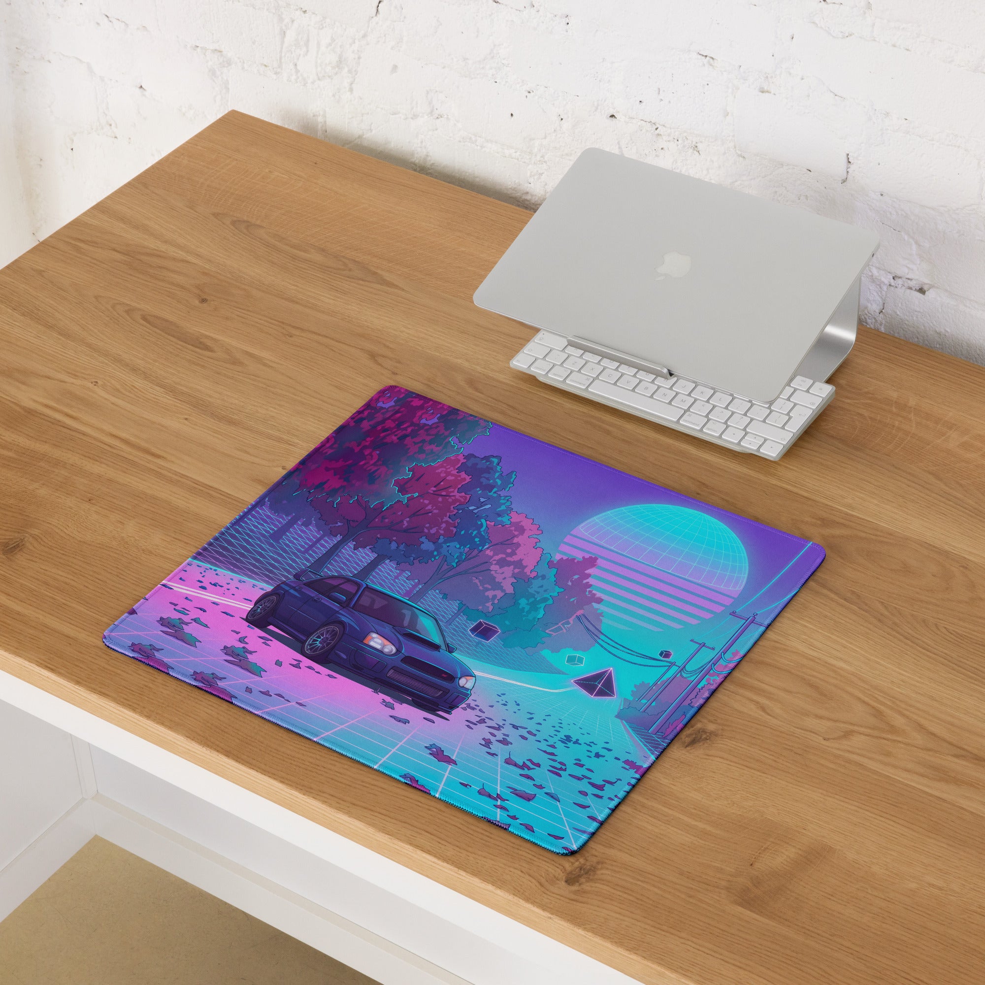 Subaru Impreza WRX STI Inspired Blue Pink Vaporwave Gaming Mouse Pad, Neon Autumn JDM Desk Mat with Retro Futuristic Rally Car Art
