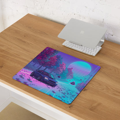 Subaru Impreza WRX STI Inspired Blue Pink Vaporwave Gaming Mouse Pad, Neon Autumn JDM Desk Mat with Retro Futuristic Rally Car Art