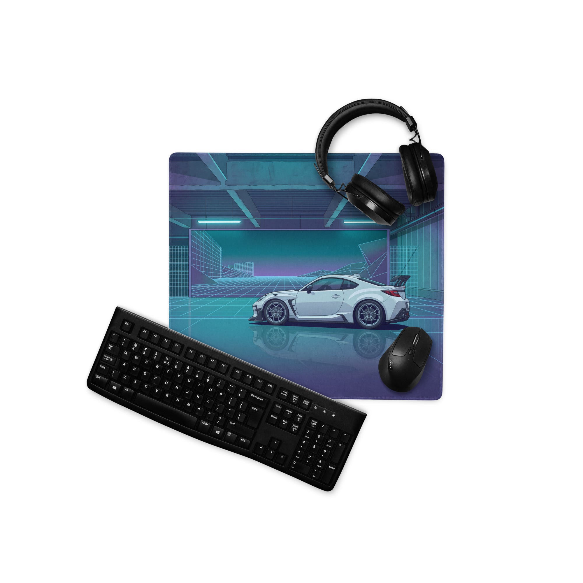 Toyota GR86 Inspired White Blue Vaporwave Gaming Mouse Pad, Neon Futuristic JDM Desk Mat with Cyberpunk Garage Sports Car Art