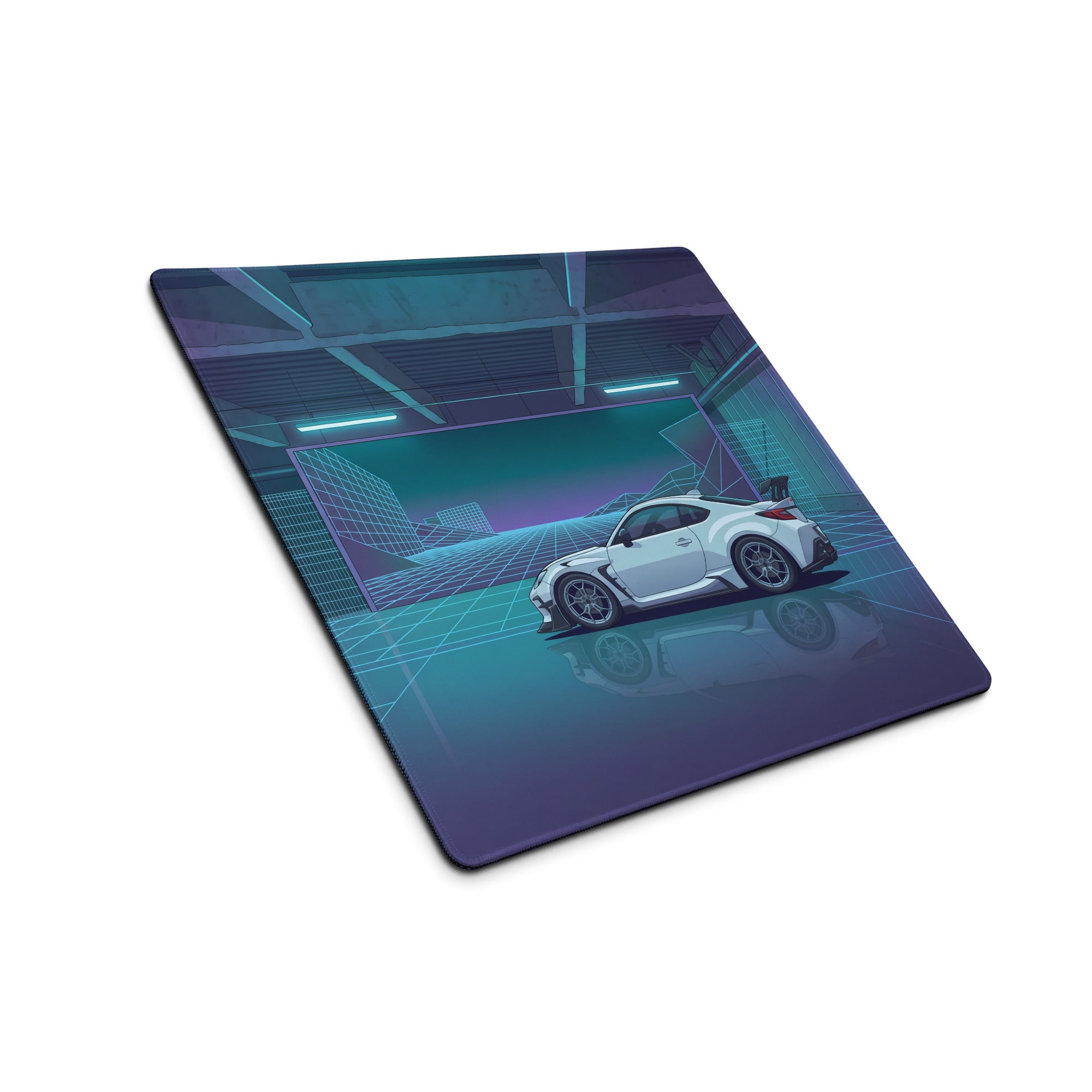 Toyota GR86 Inspired White Blue Vaporwave Gaming Mouse Pad, Neon Futuristic JDM Desk Mat with Cyberpunk Garage Sports Car Art