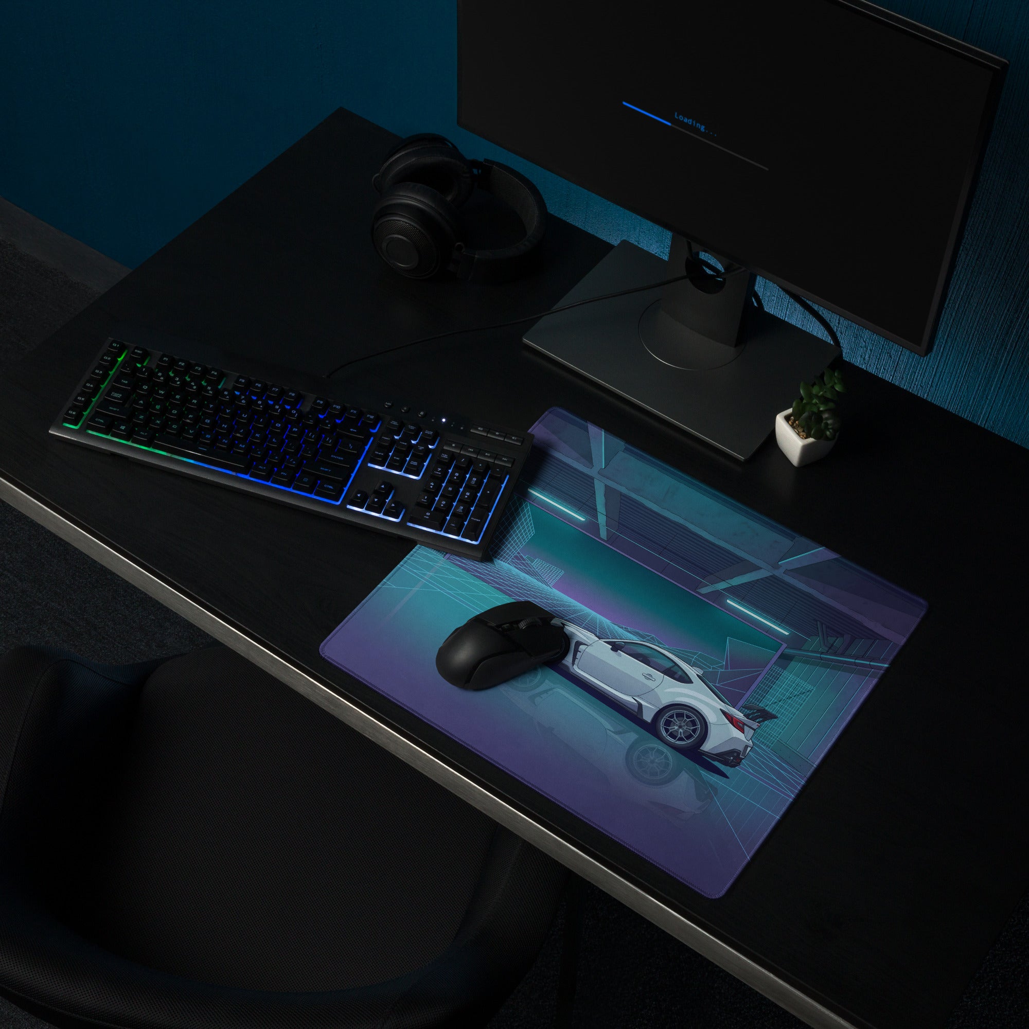 Toyota GR86 Inspired White Blue Vaporwave Gaming Mouse Pad, Neon Futuristic JDM Desk Mat with Cyberpunk Garage Sports Car Art