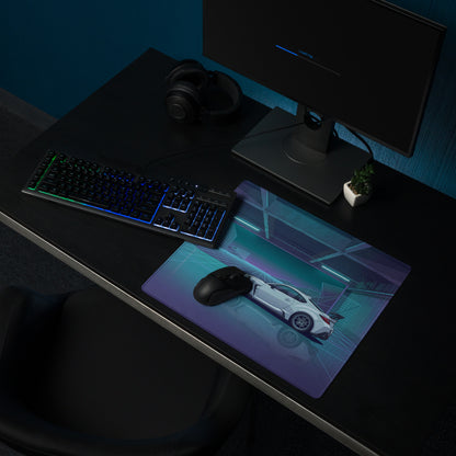 Toyota GR86 Inspired White Blue Vaporwave Gaming Mouse Pad, Neon Futuristic JDM Desk Mat with Cyberpunk Garage Sports Car Art