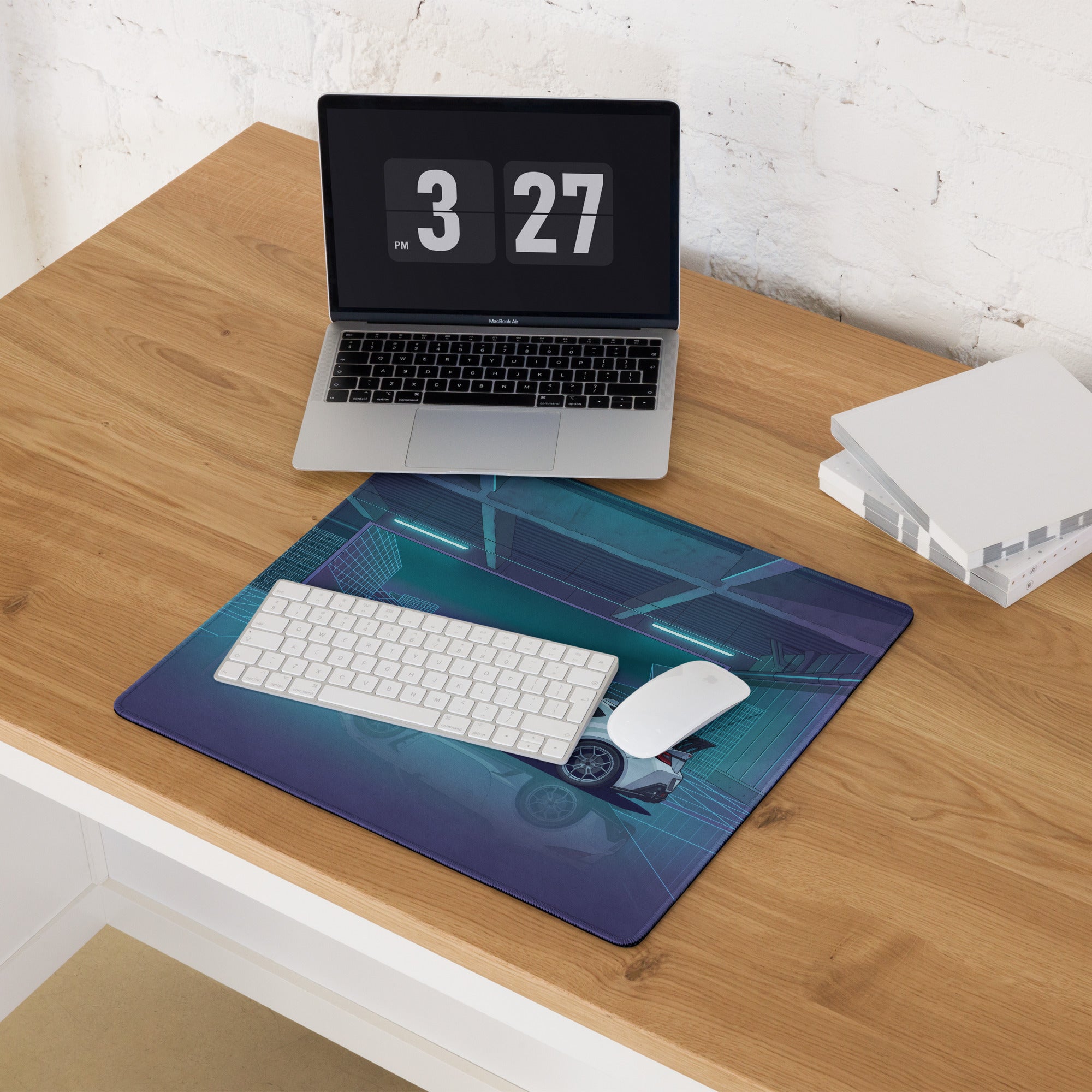 Toyota GR86 Inspired White Blue Vaporwave Gaming Mouse Pad, Neon Futuristic JDM Desk Mat with Cyberpunk Garage Sports Car Art