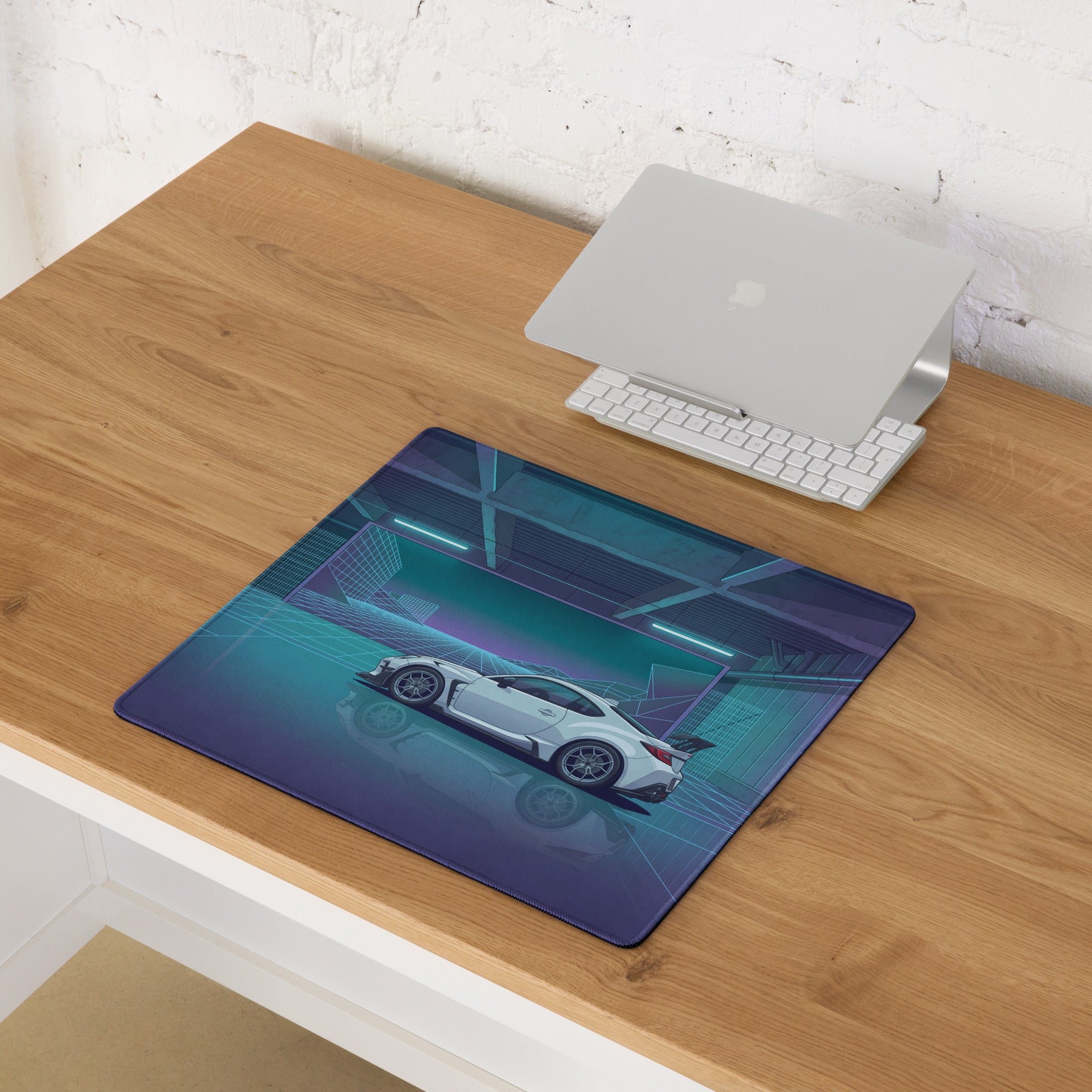 Toyota GR86 Inspired White Blue Vaporwave Gaming Mouse Pad, Neon Futuristic JDM Desk Mat with Cyberpunk Garage Sports Car Art