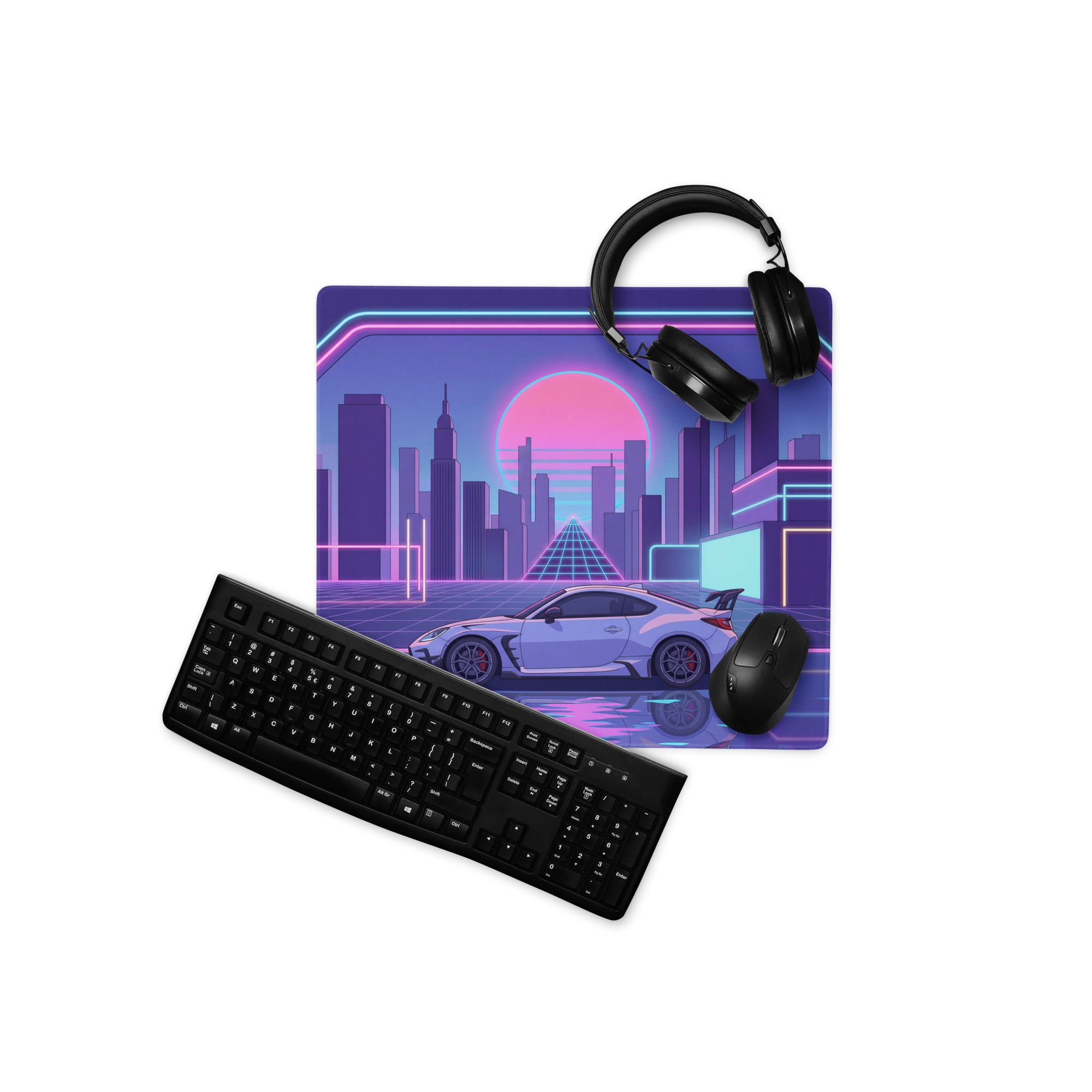 Toyota GR86 Inspired White Purple Vaporwave Gaming Mouse Pad, Neon Retro Futuristic JDM Desk Mat with Cyberpunk City Sports Car Art