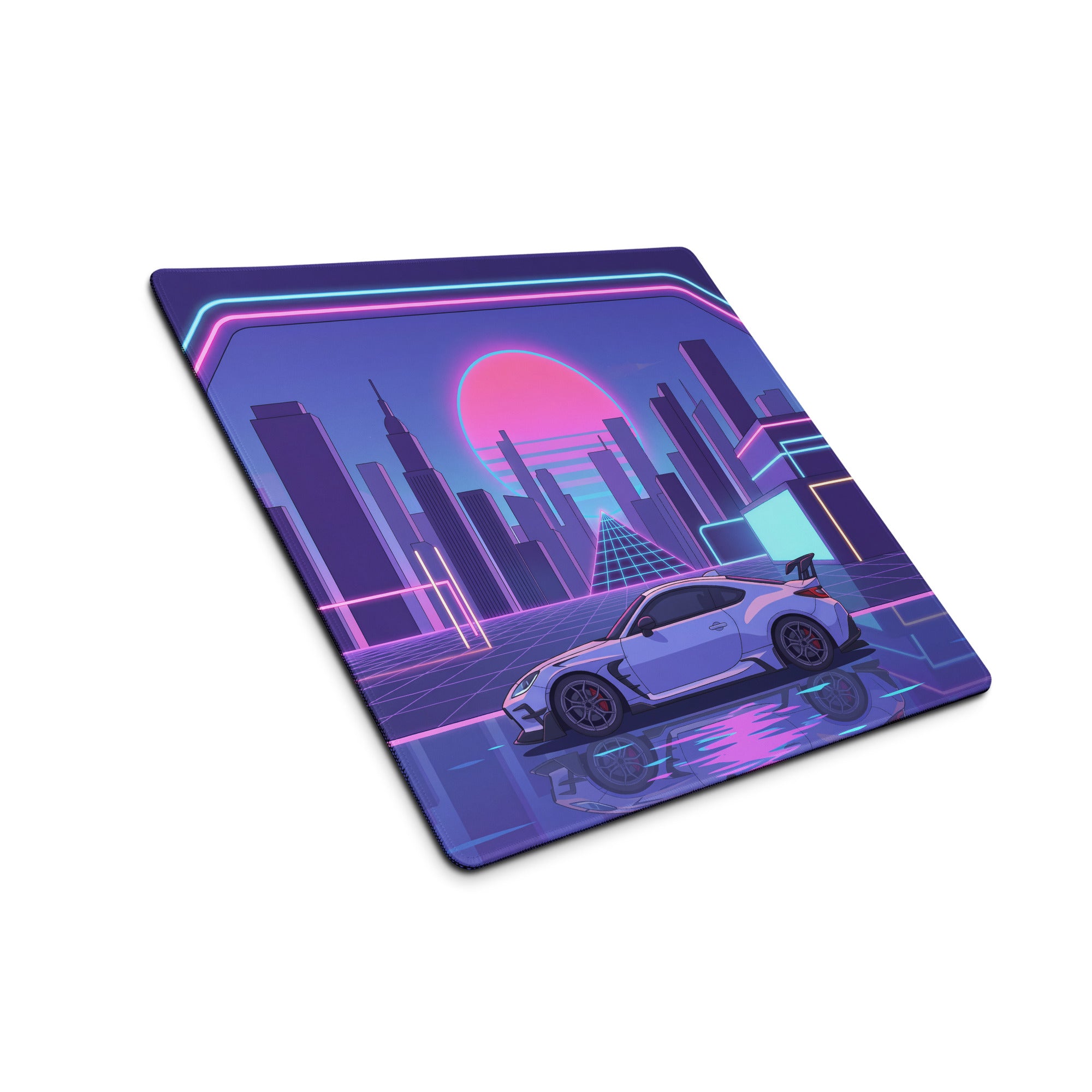 Toyota GR86 Inspired White Purple Vaporwave Gaming Mouse Pad, Neon Retro Futuristic JDM Desk Mat with Cyberpunk City Sports Car Art