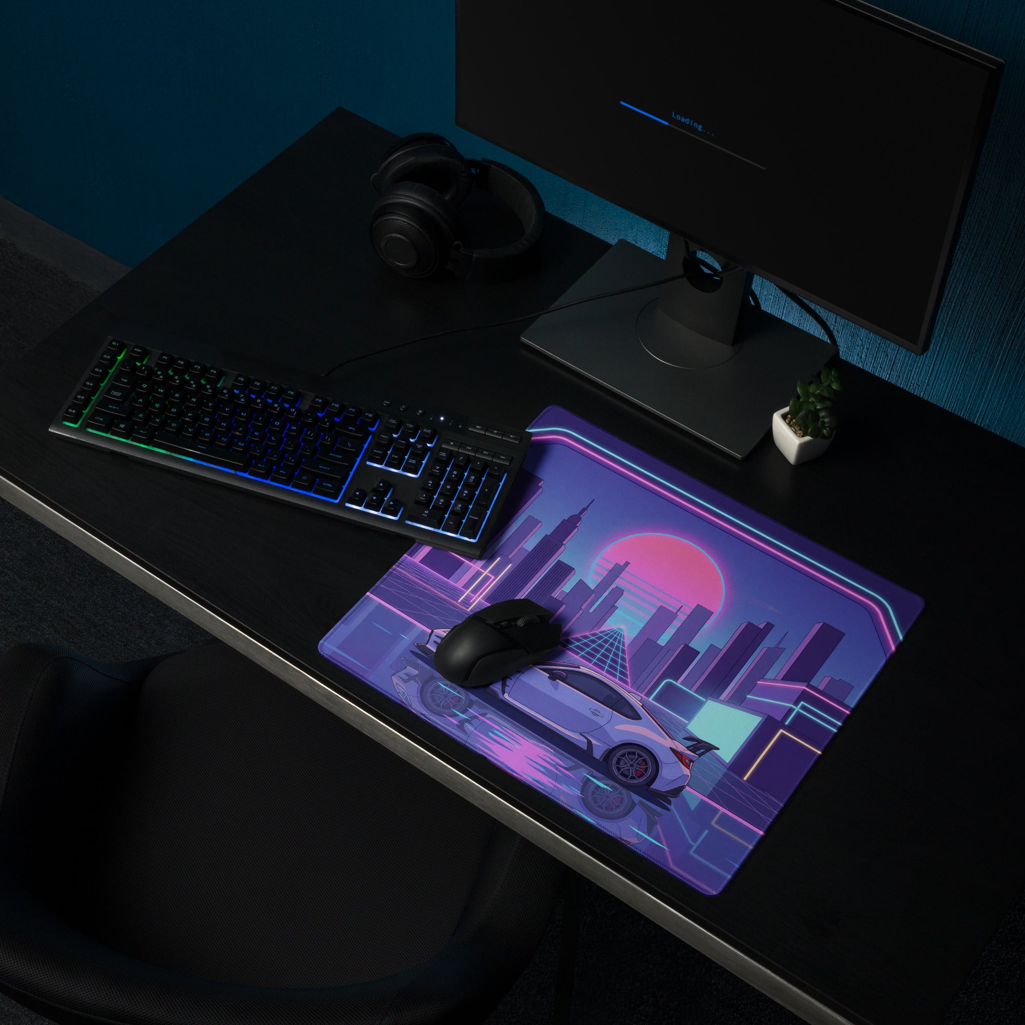 Toyota GR86 Inspired White Purple Vaporwave Gaming Mouse Pad, Neon Retro Futuristic JDM Desk Mat with Cyberpunk City Sports Car Art