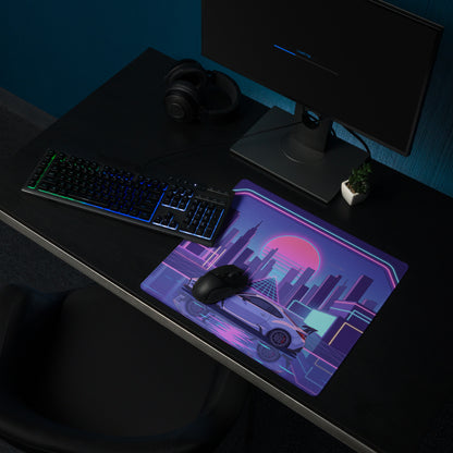 Toyota GR86 Inspired White Purple Vaporwave Gaming Mouse Pad, Neon Retro Futuristic JDM Desk Mat with Cyberpunk City Sports Car Art