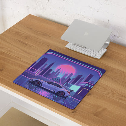 Toyota GR86 Inspired White Purple Vaporwave Gaming Mouse Pad, Neon Retro Futuristic JDM Desk Mat with Cyberpunk City Sports Car Art