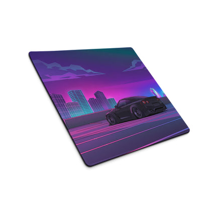 Nissan GT-R R35 Inspired Black Purple Vaporwave Gaming Mouse Pad, Neon Cyberpunk City JDM Desk Mat with Retro Futuristic Sports Car Art