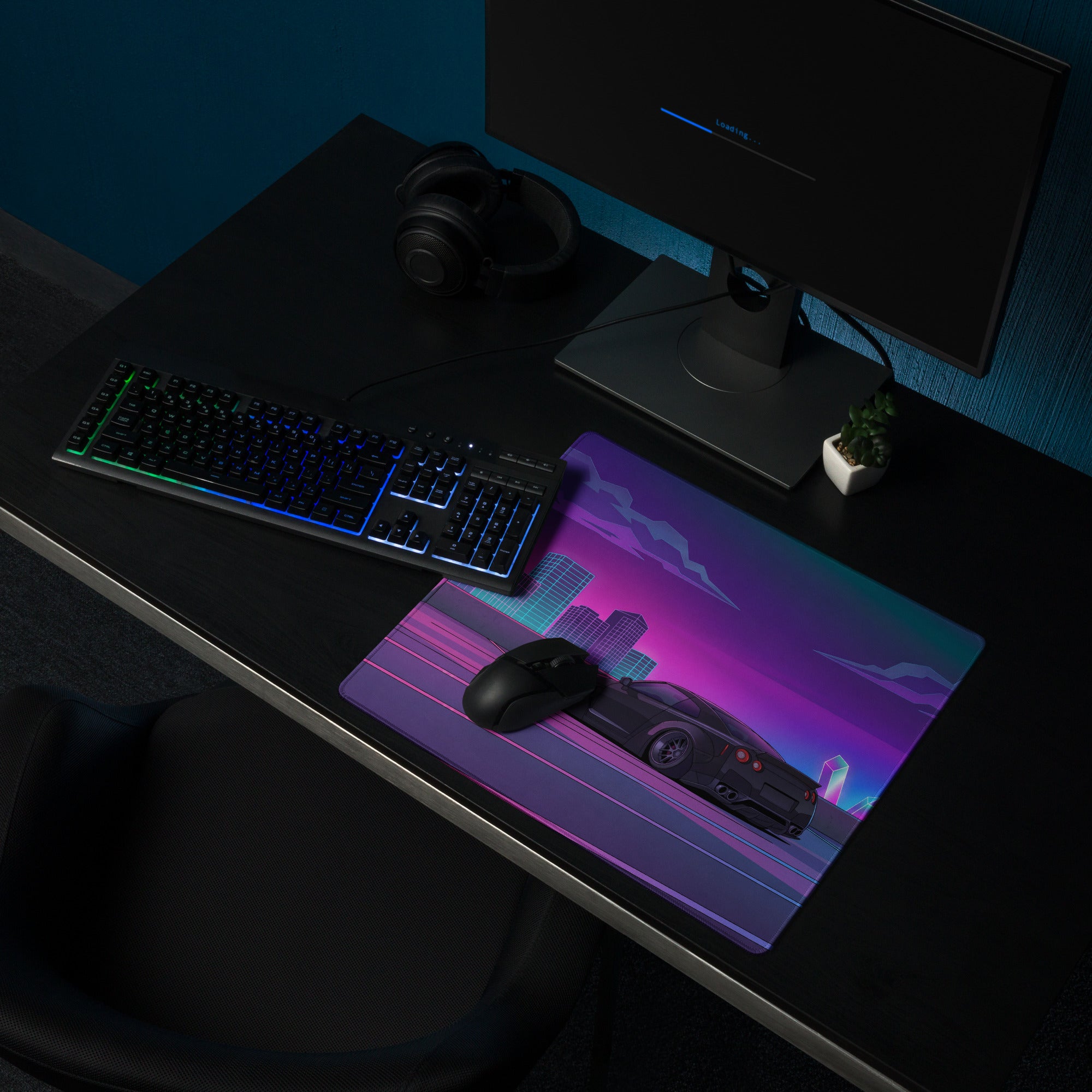 Nissan GT-R R35 Inspired Black Purple Vaporwave Gaming Mouse Pad, Neon Cyberpunk City JDM Desk Mat with Retro Futuristic Sports Car Art