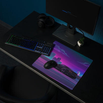 Nissan GT-R R35 Inspired Black Purple Vaporwave Gaming Mouse Pad, Neon Cyberpunk City JDM Desk Mat with Retro Futuristic Sports Car Art